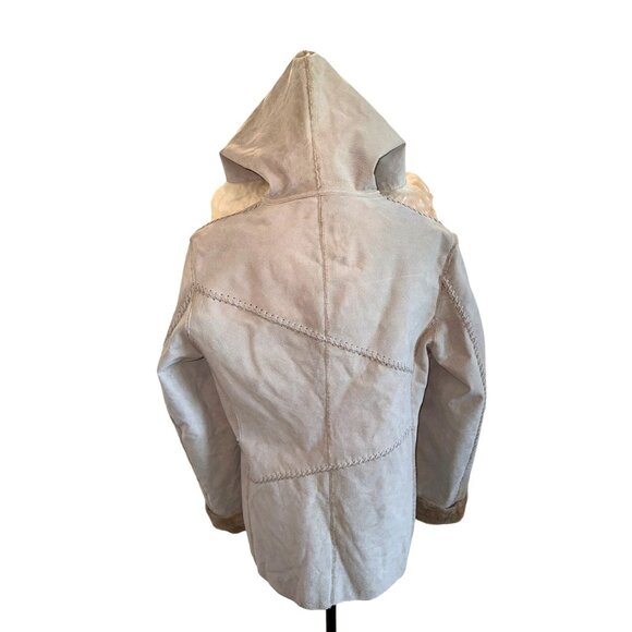 Vintage Winlet Ivory Braided Leather Suede Mongolian Fur Hooded Jacket Coat Sz L - Picture 7 of 16